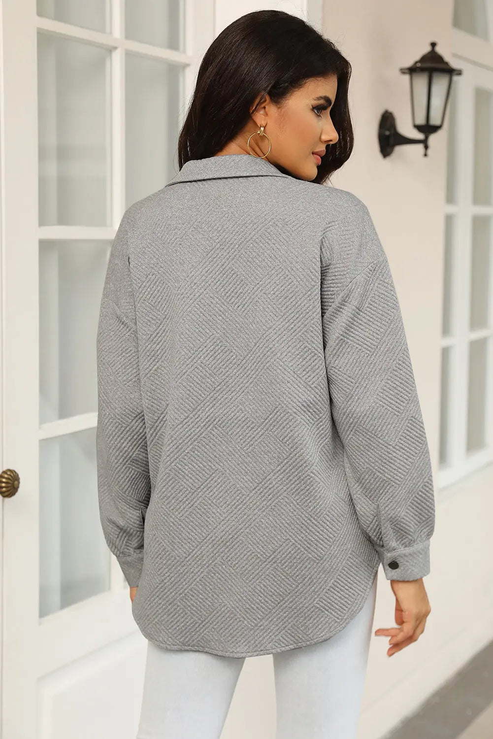 Gray Solid Textured Flap Pocket Buttoned Shacket Dear-Lover Dropshipping