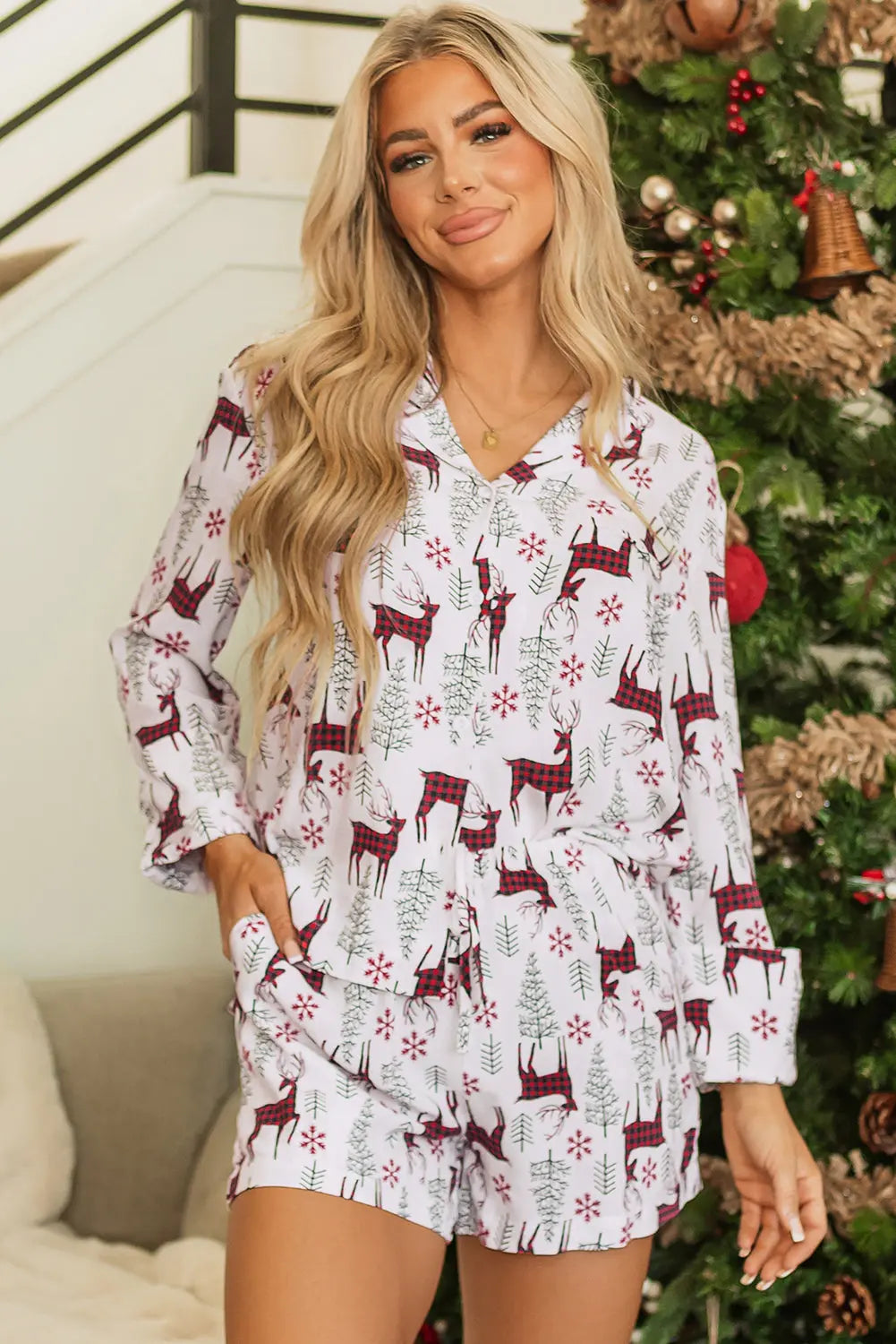 White Christmas Deer Printed Shirt and Shorts Lounge Set Dear-Lover Dropshipping