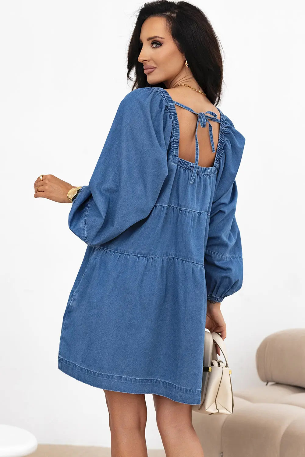 Dusk Blue Square Neck Side Pockets Loose Fit Denim Mini Dress Dear-Lover Dropshipping