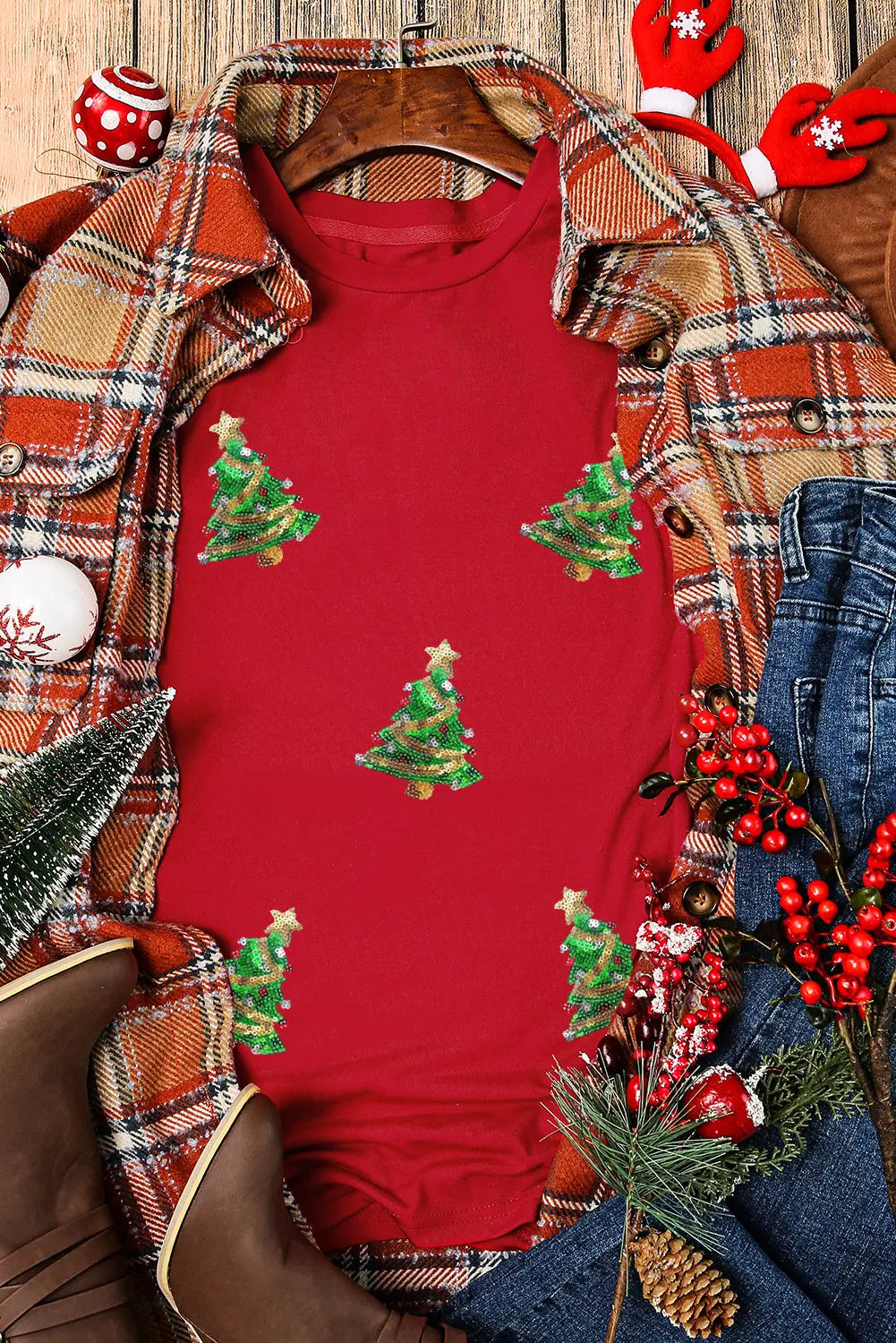 Red Sequined Christmas Tree Graphic Crewneck T Shirt Dear-Lover Dropshipping