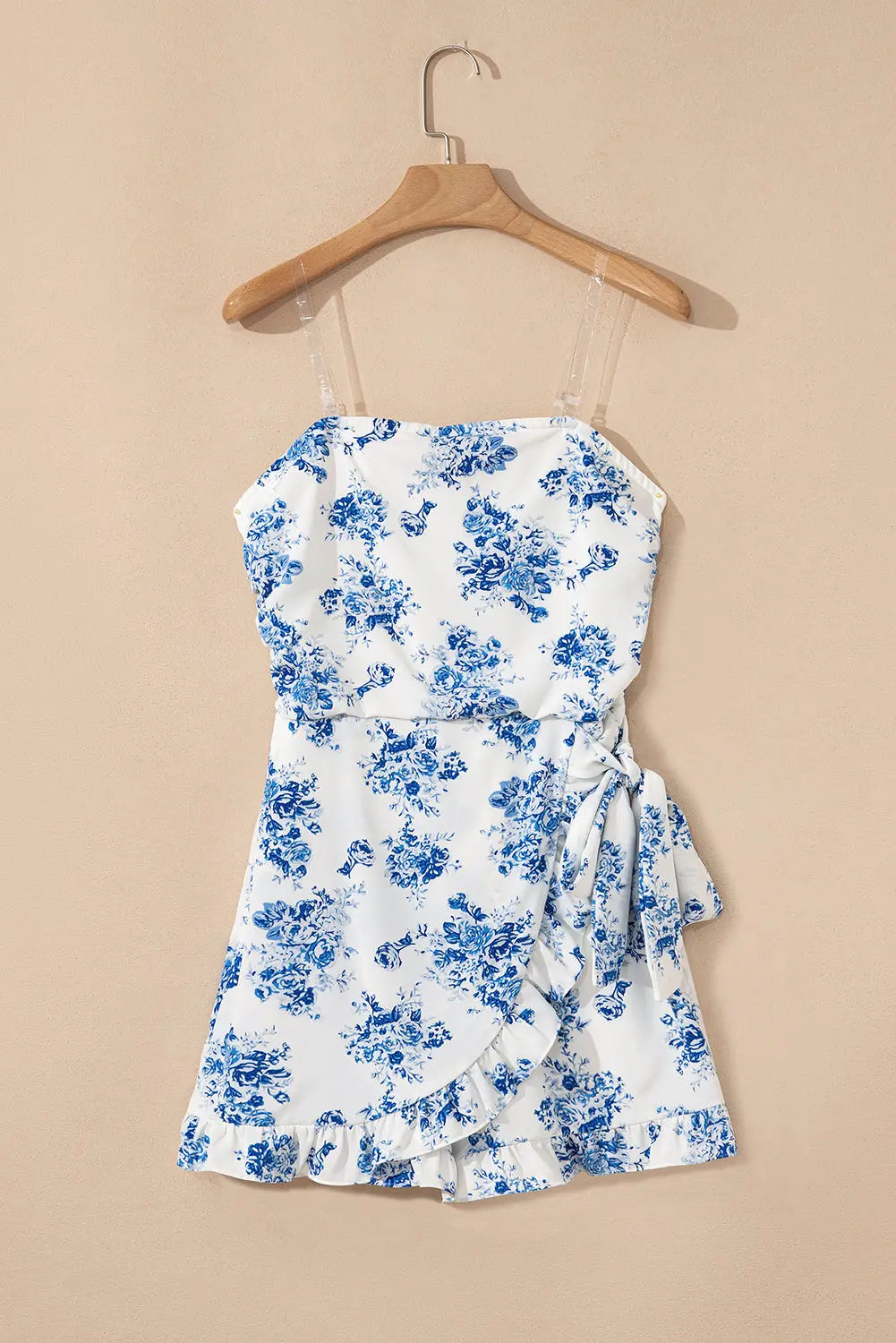 Sky Blue Floral Print Strapless Zipped Back Knot Waist Ruffled Romper Dear-Lover Dropshipping