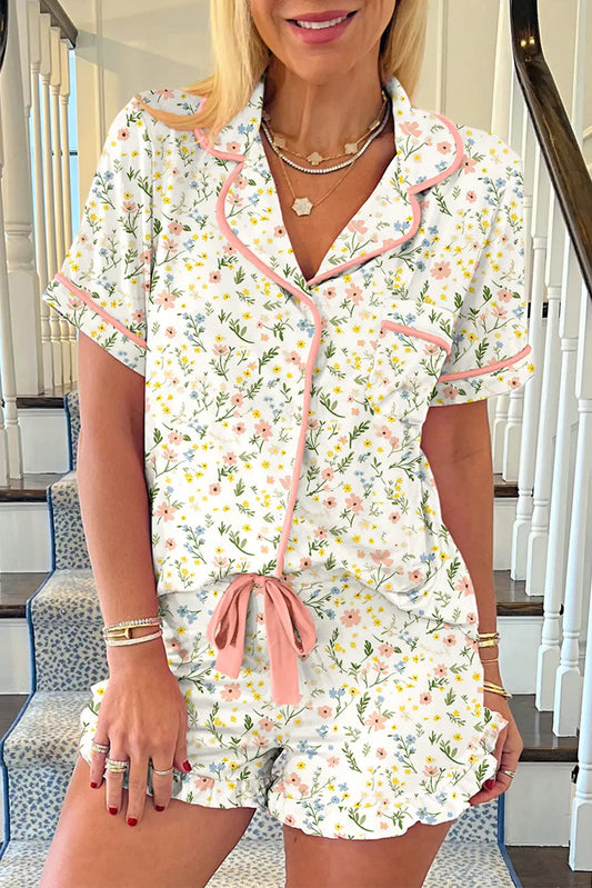 White Floral Print Contrast Pipping Short Pajamas Set Dear-Lover Dropshipping