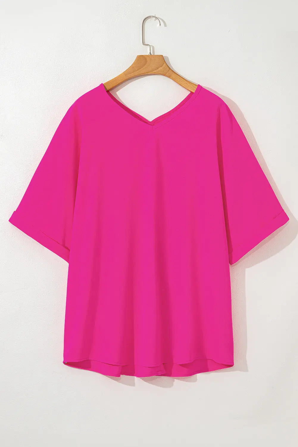Bright Pink Seamed Back High Low Hem V Neck Cuffed Sleeve Plus Size Tee Dear-Lover Dropshipping