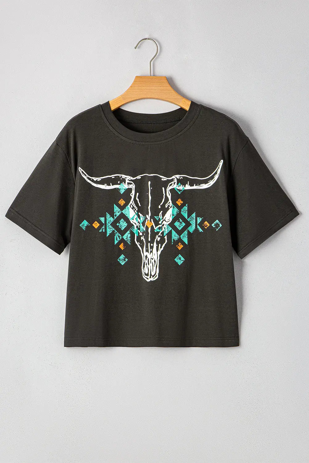 Carbon Grey Vintage Western Bull Head Skull Turquoise Aztec Graphic T Shirt Dear-Lover Dropshipping