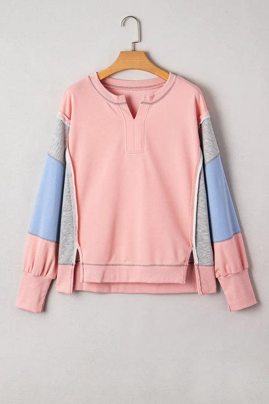 Apricot Pink Exposed Seam Color Block Patchwork Slit Cuffs Oversize Sweatshirt Dear-Lover Dropshipping