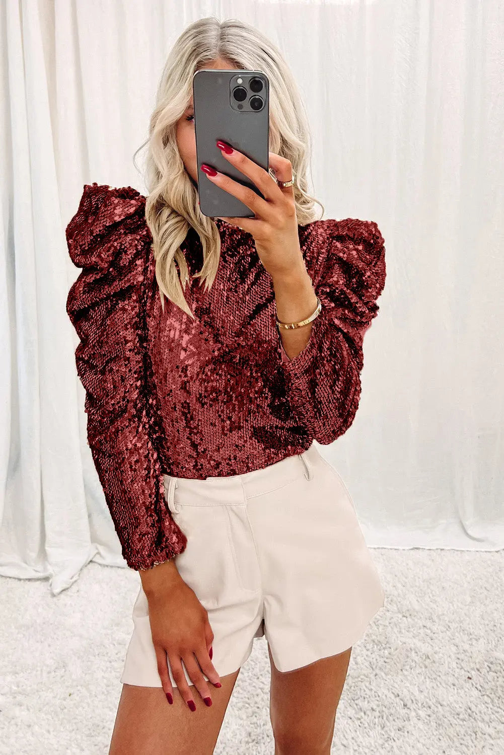 Burgundy Sequin Mock Neck Bubble Sleeve Top Dear-Lover Dropshipping