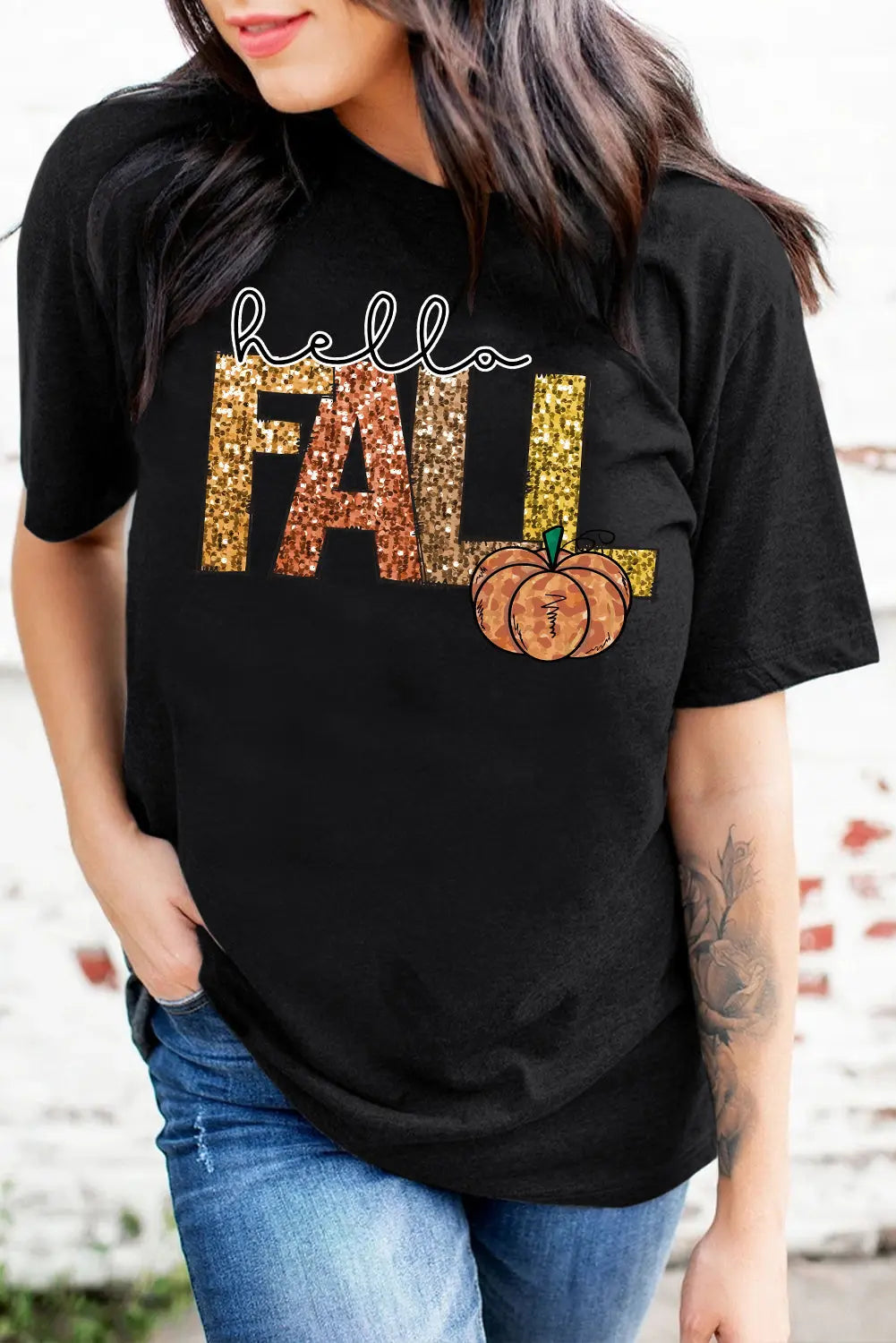 Black Hello Fall Letter Pumpkin Printed Thanksgiving T Shirt Dear-Lover Dropshipping