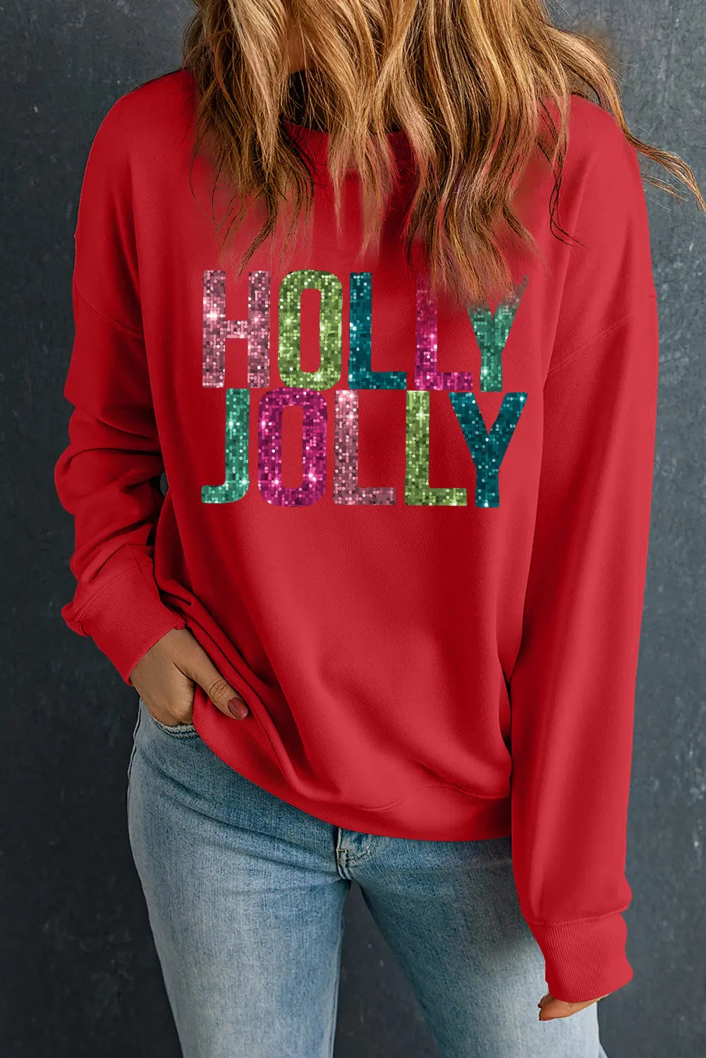 Red Heat Transfer HOLLY JOLLY Printing Christmas Pullover Sweatshirt Dear-Lover Dropshipping