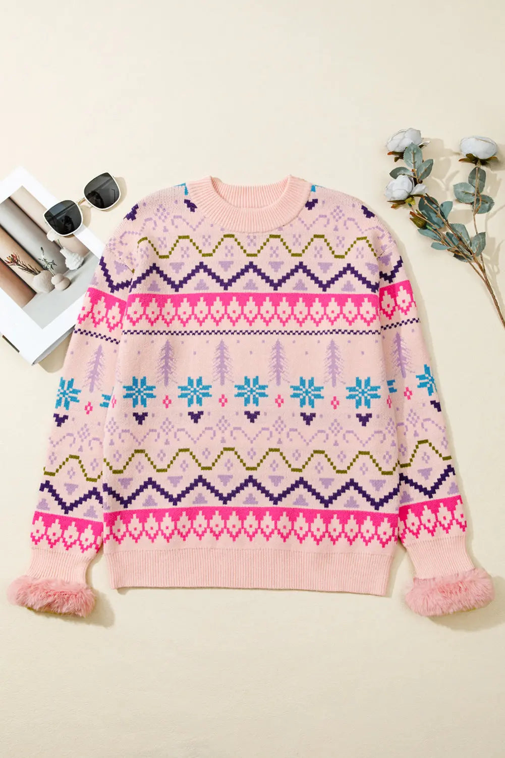 Multicolour Ethnic Christmas Pattern Knit Feather Cuffed Sweater Dear-Lover Dropshipping