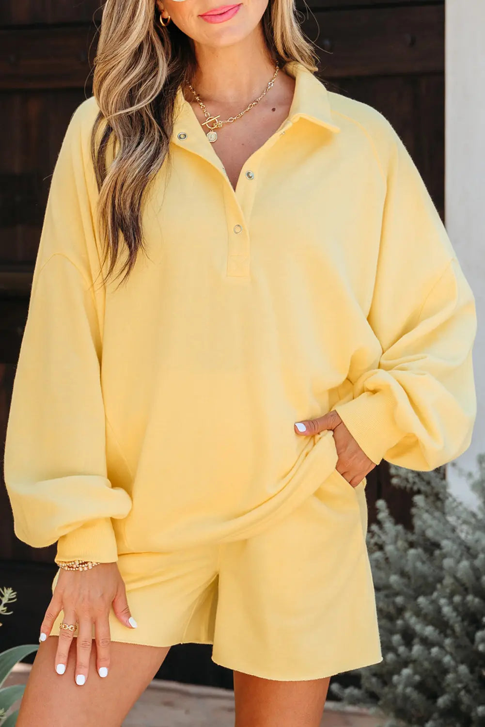 Yellow Cream Button Collar Drop Shoulder Pullover and Shorts 2pcs Outfit Dear-Lover Dropshipping