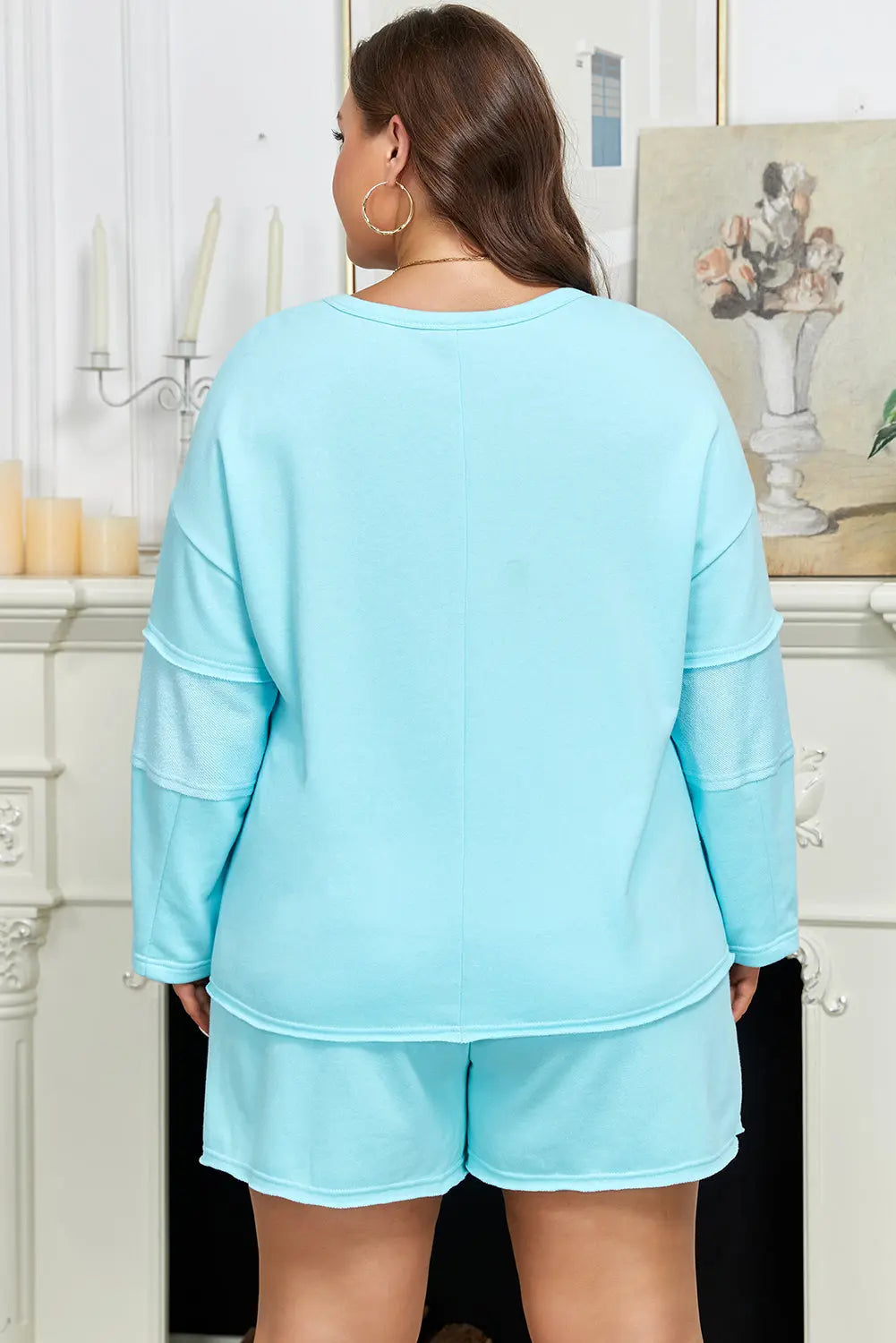 Aruba Blue Plus Size Solid Color Splicing Raw Hem Pullover Top Shorts Set Dear-Lover Dropshipping