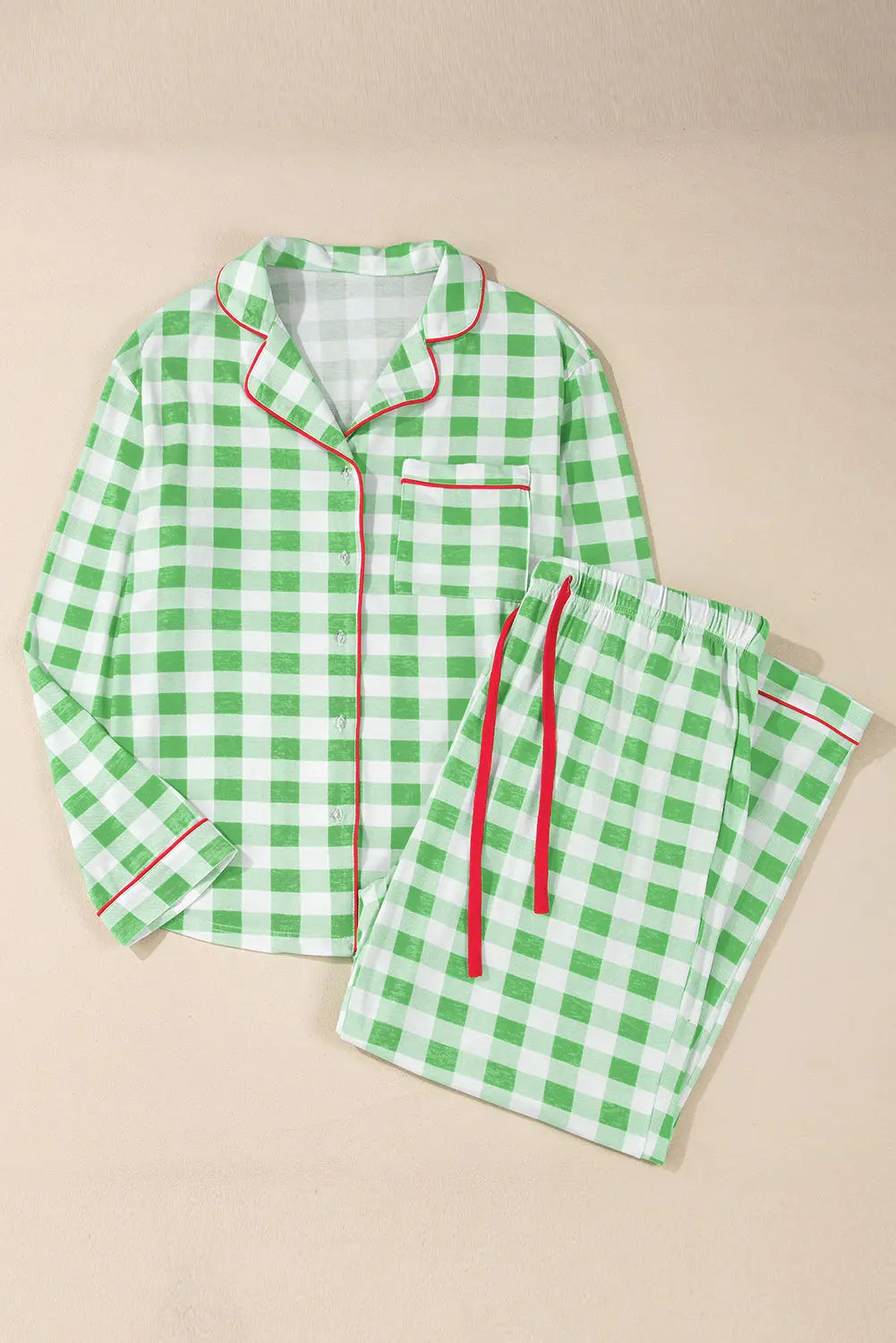 Green Plaid Print Contrast Trim Long Sleeve Plus Size Pajama Set Dear-Lover Dropshipping