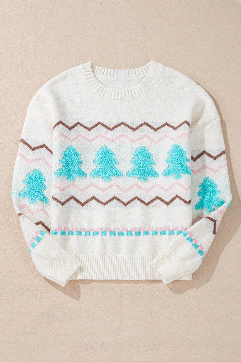 White Striped Christmas Tree Ribbed Trim Drop Shoulder Sweater Dear-Lover Dropshipping