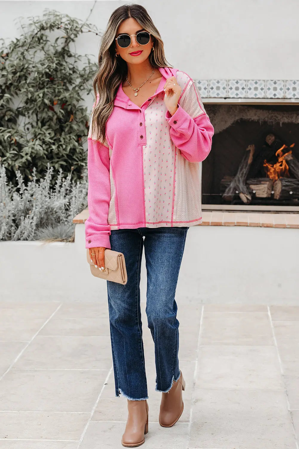 Pink Mixed Texture Waffle Floral Patchwork Hooded Oversize Pullover Dear-Lover Dropshipping