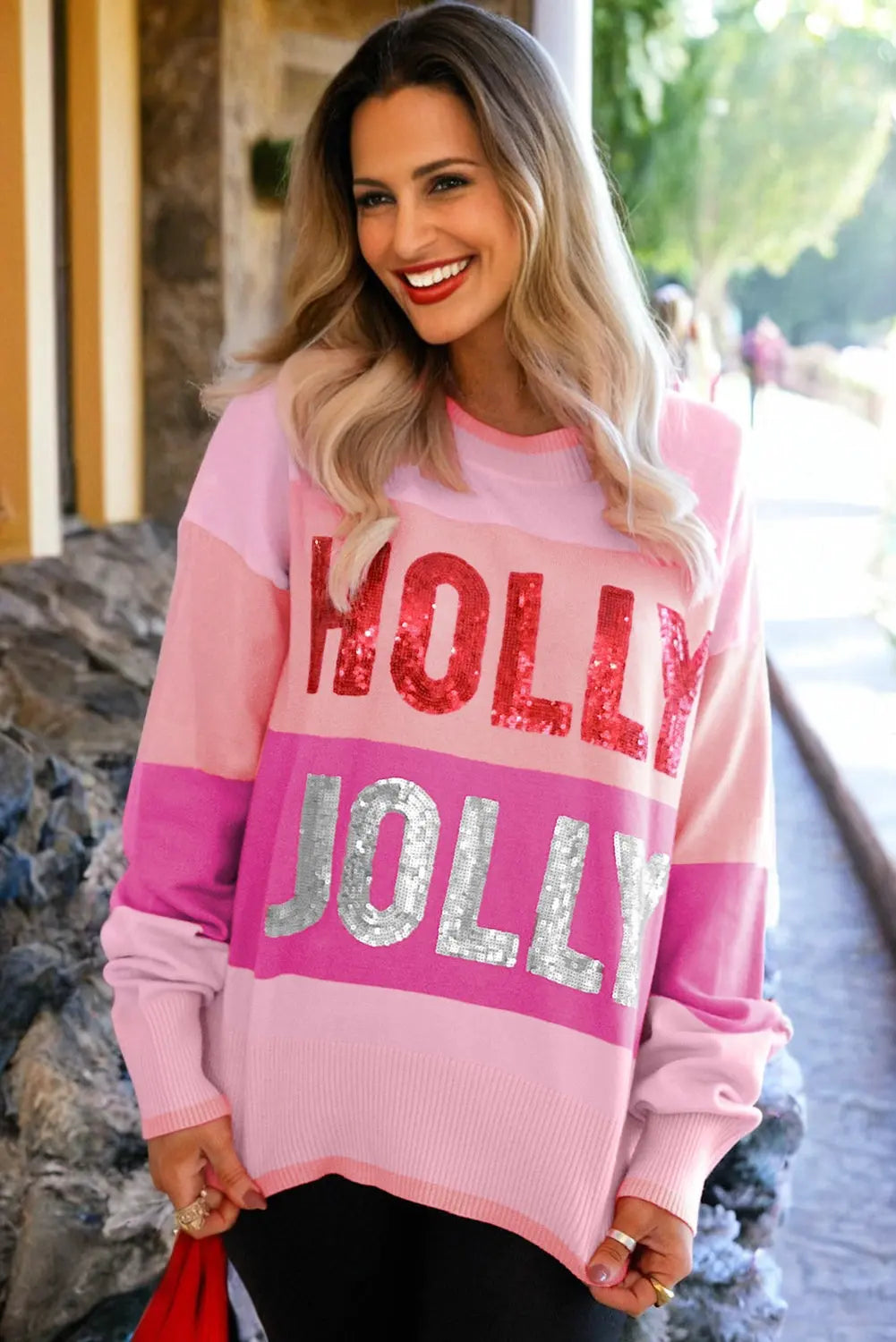 Pink Sequined HOLLY JOLLY Color Block Crew Neck Sweater Dear-Lover Dropshipping