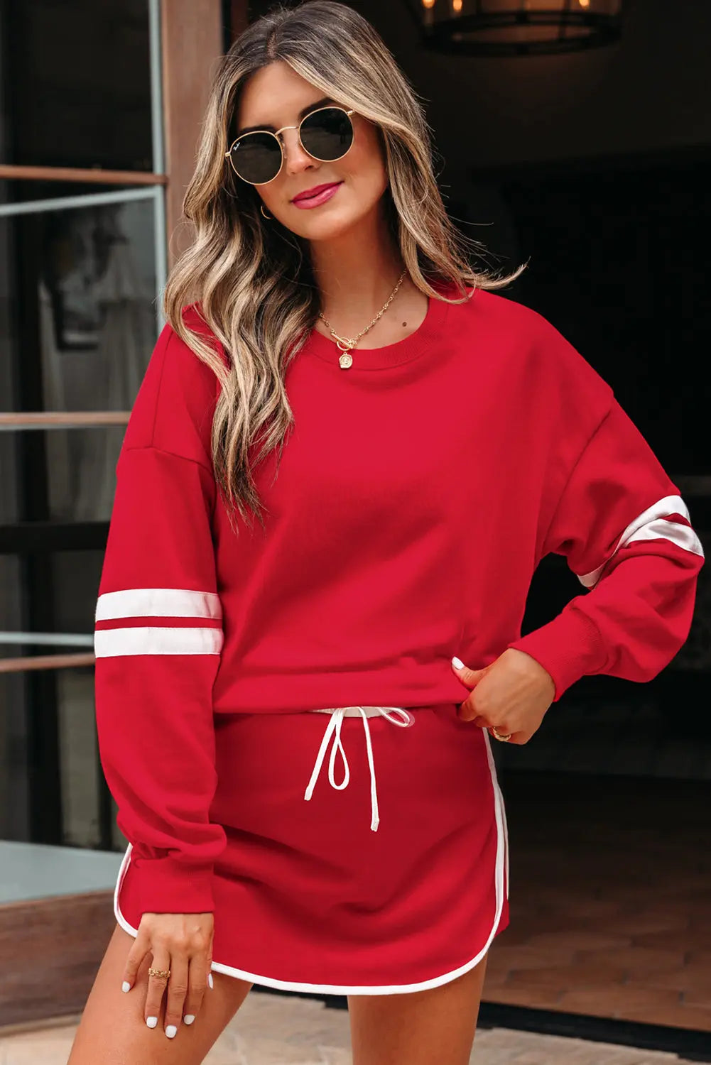 Fiery Red Varsity Stripe Detail Drop Shoulder Pullover Mini Skirt Set Dear-Lover Dropshipping