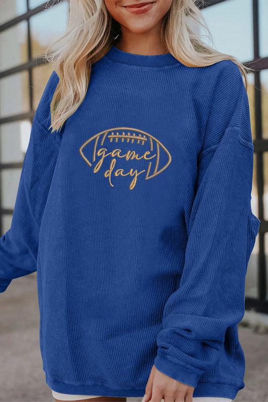 Dark Blue Rugby Game Day Embroidered Corduroy Sweatshirt Dear-Lover Dropshipping