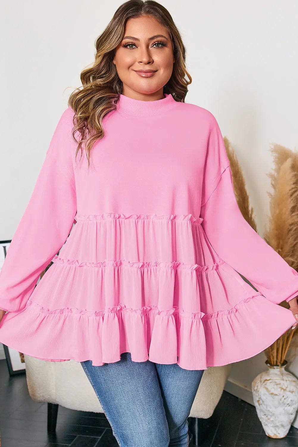 Pink Tiered Ruffle Ribbed Crew Neck Pullover Plus Size Top Dear-Lover Dropshipping