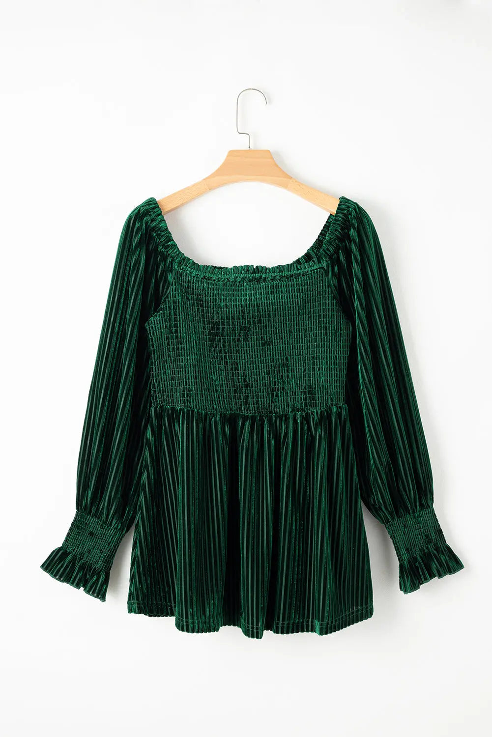 Blackish Green Smocked Ribbed Velvet Babydoll Top Dear-Lover Dropshipping