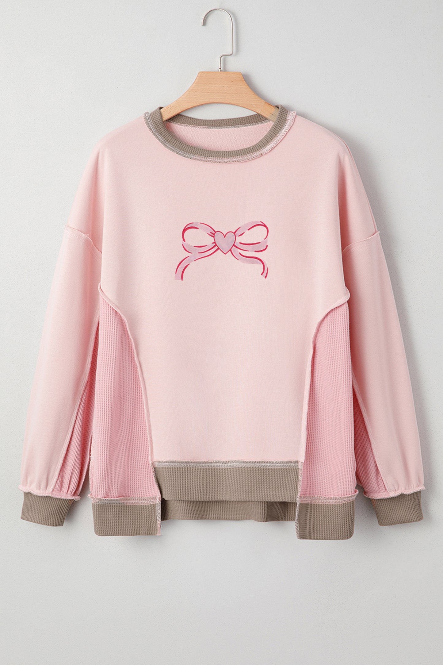 Light Pink Heart Bow Embroidered Exposed Seam Color Block Waffled Patchwork Sweatshirt