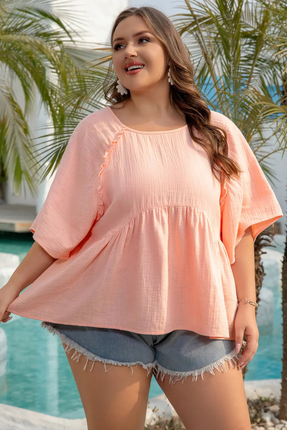 Apricot Pink Plus Size Textured Wide Short Sleeve Babydoll Blouse Dear-Lover Dropshipping