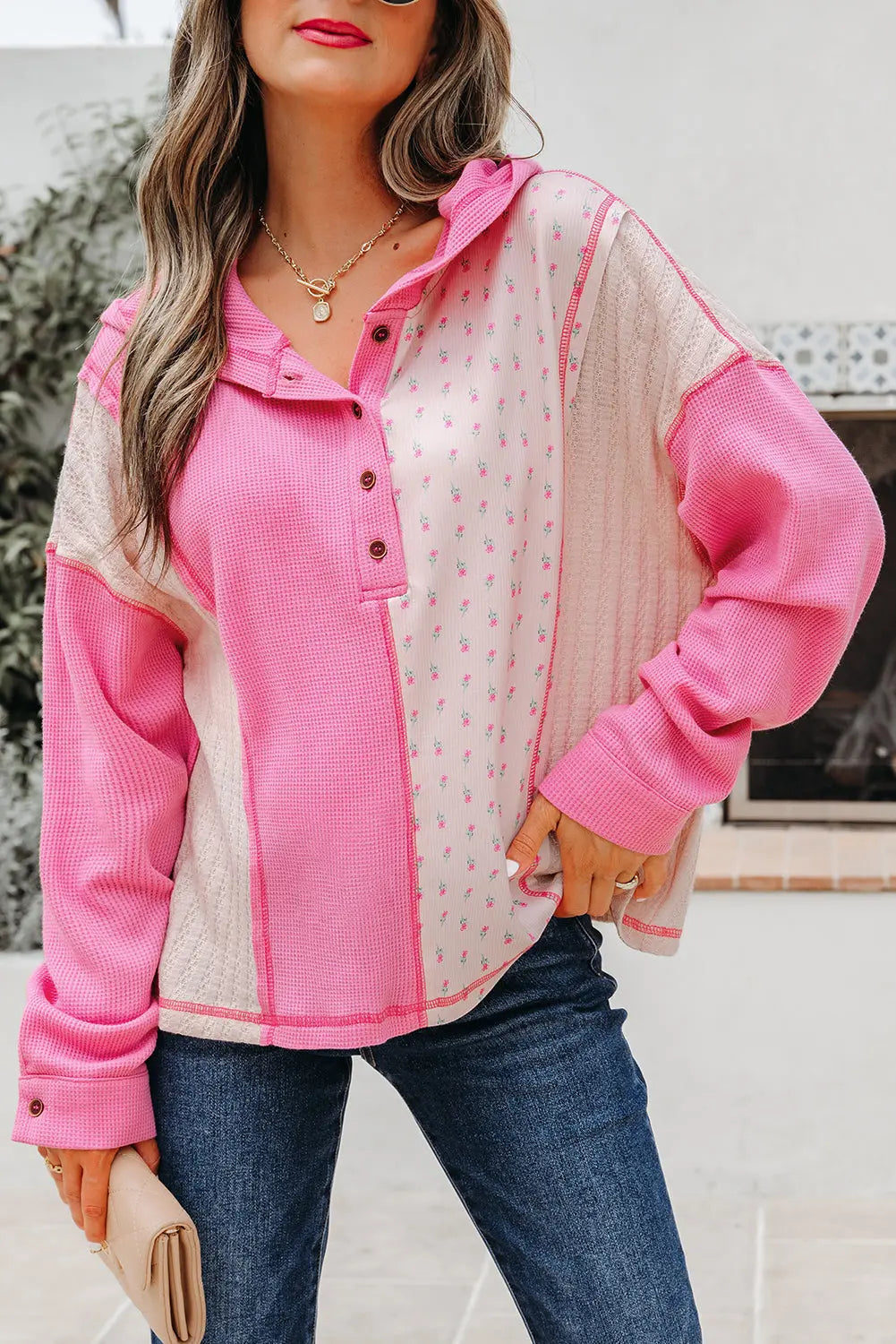 Pink Mixed Texture Waffle Floral Patchwork Hooded Oversize Pullover Dear-Lover Dropshipping