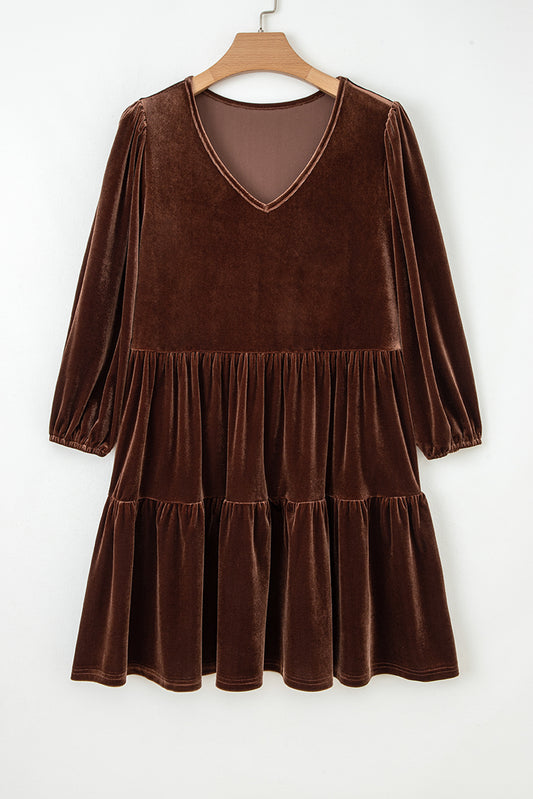 Chicory Coffee Solid Color Velvet V Neck Long Sleeve Tiered Mini Dress