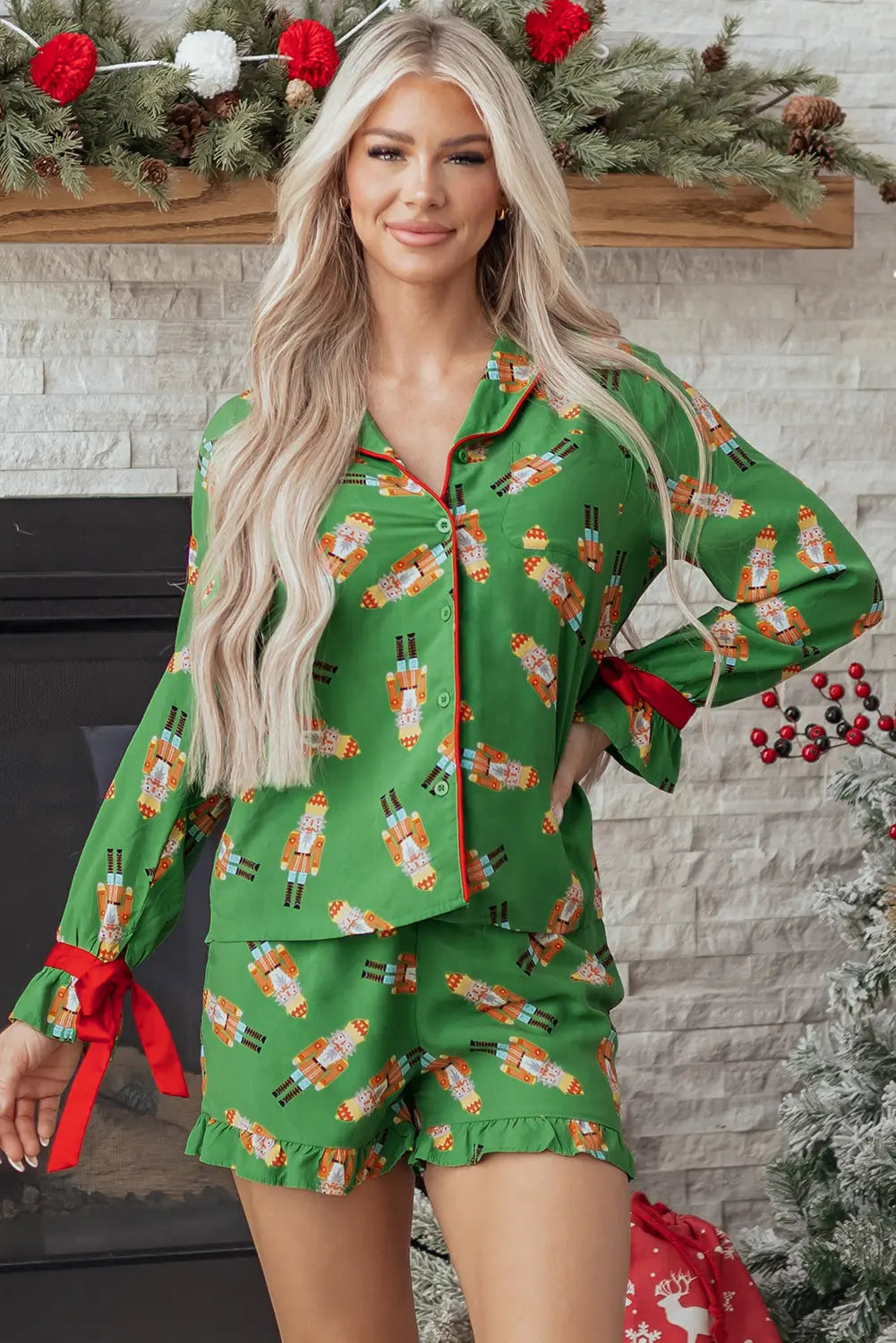 Green Christmas Candy Contrast Trim Bow Knot Silky 2pcs Pajama Set Dear-Lover Dropshipping