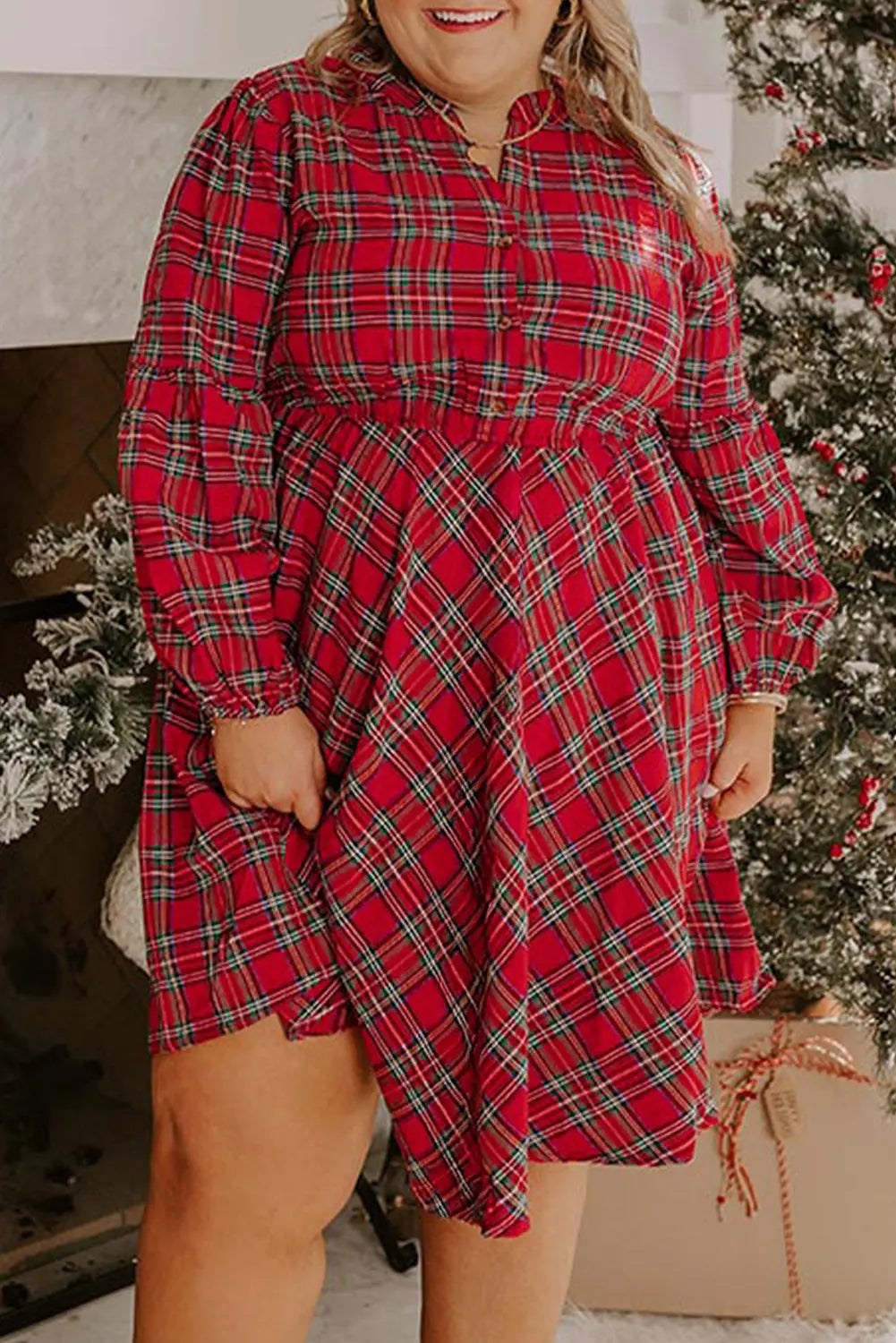 Red Plus Size Plaid Half Button Long Sleeve Holiday Dress Dear-Lover Dropshipping
