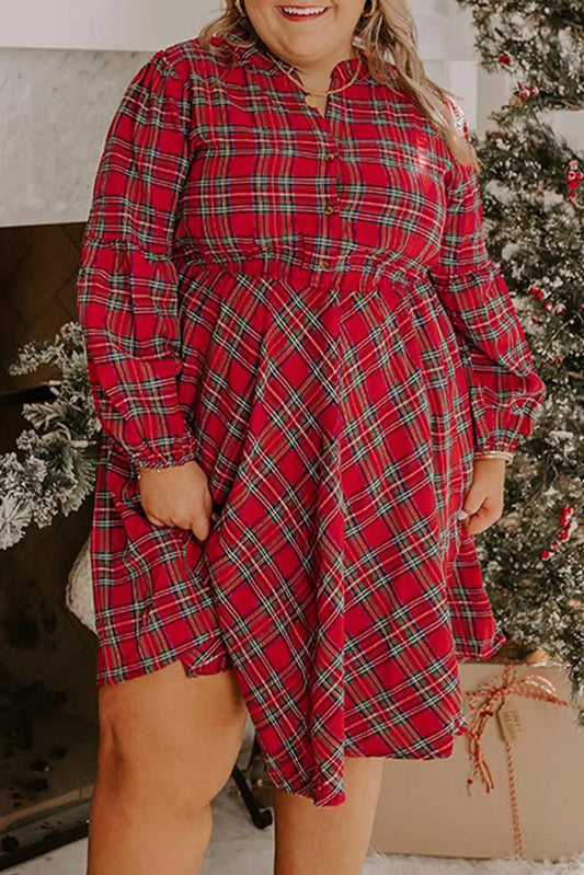Red Plus Size Plaid Half Button Long Sleeve Holiday Dress Dear-Lover Dropshipping