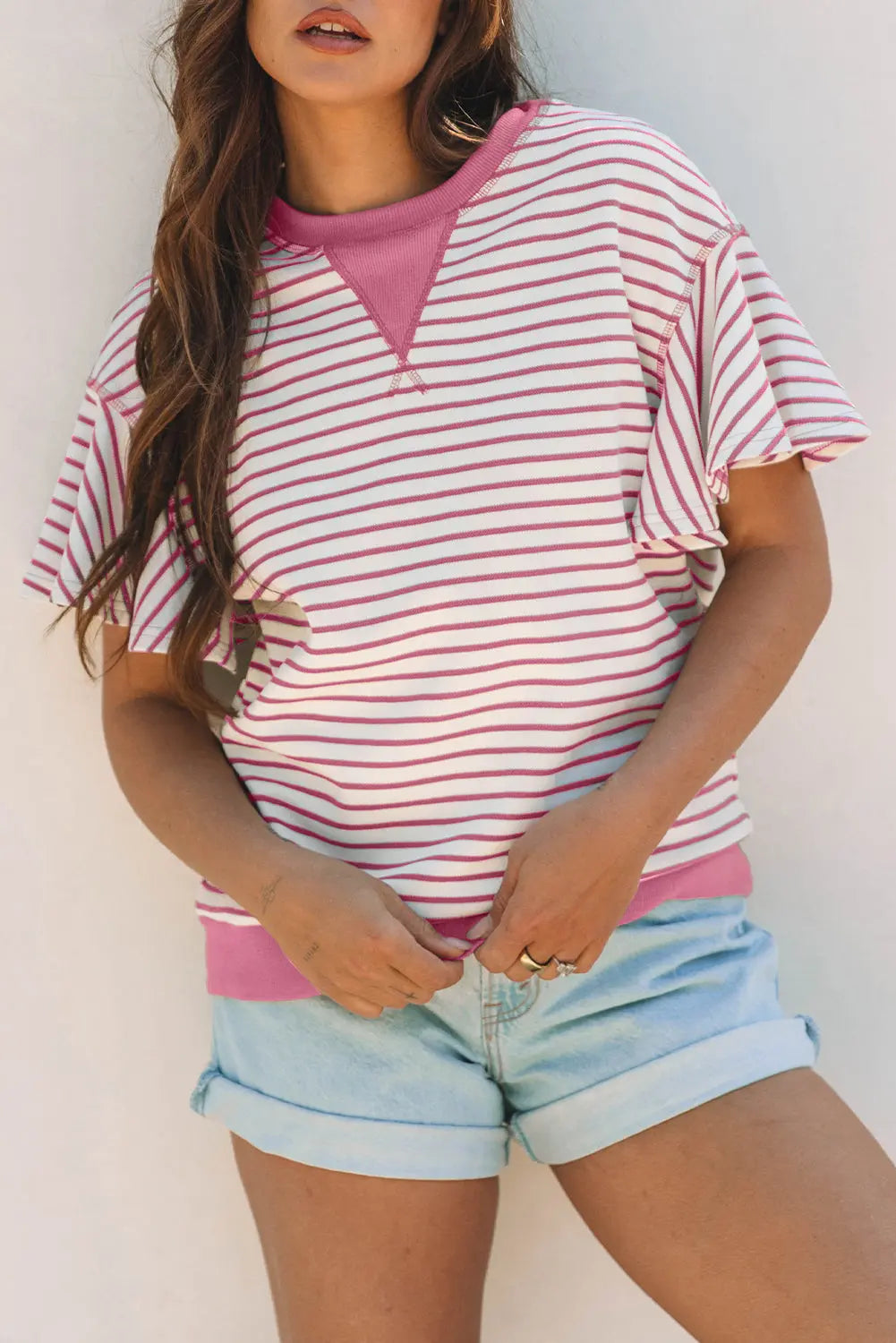 Sachet Pink Contrast Detail Striped Ruffle Short Sleeve Top Dear-Lover Dropshipping