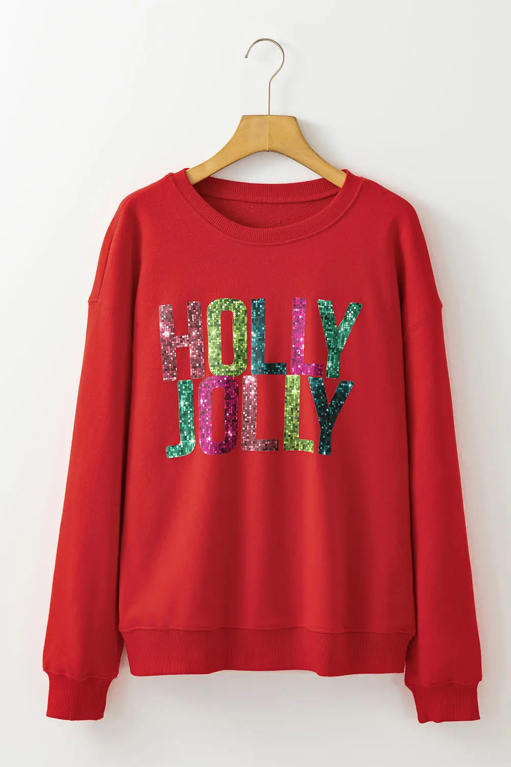 Red Heat Transfer HOLLY JOLLY Printing Christmas Pullover Sweatshirt Dear-Lover Dropshipping