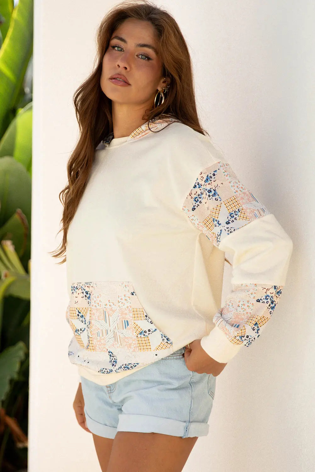 Beige Western Geo Pattern Patchwork Hoodie with Kangaroo Pocket Dear-Lover Dropshipping