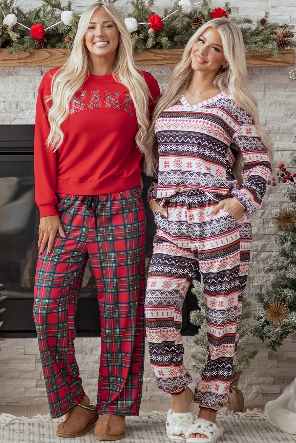 Red Plaid Mama Graphic Christmas Holiday Crewneck Pullover and Pants Two Piece Lounge Set Dear-Lover Dropshipping