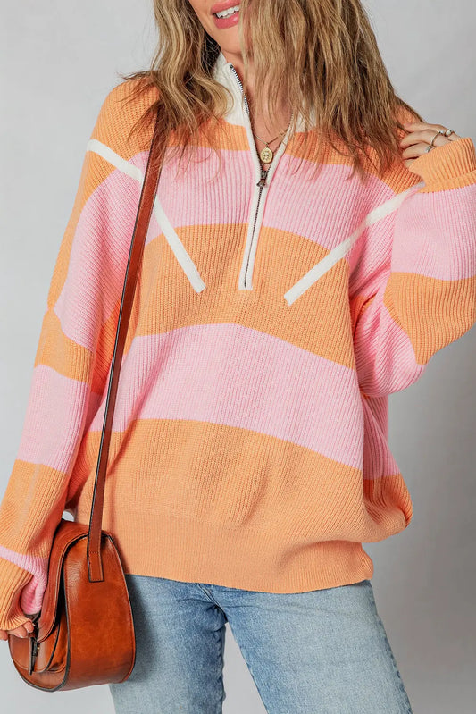 Orange Stripe Colorblock Half Zip Oversize Sweater Dear-Lover Dropshipping