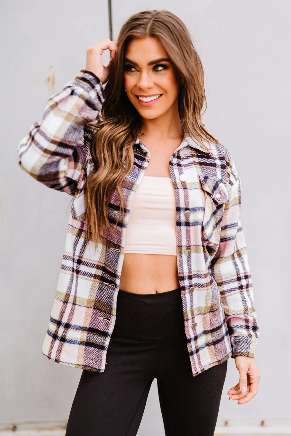 Pink Geometric Plaid Print Pocketed Shacket Dear-Lover Dropshipping