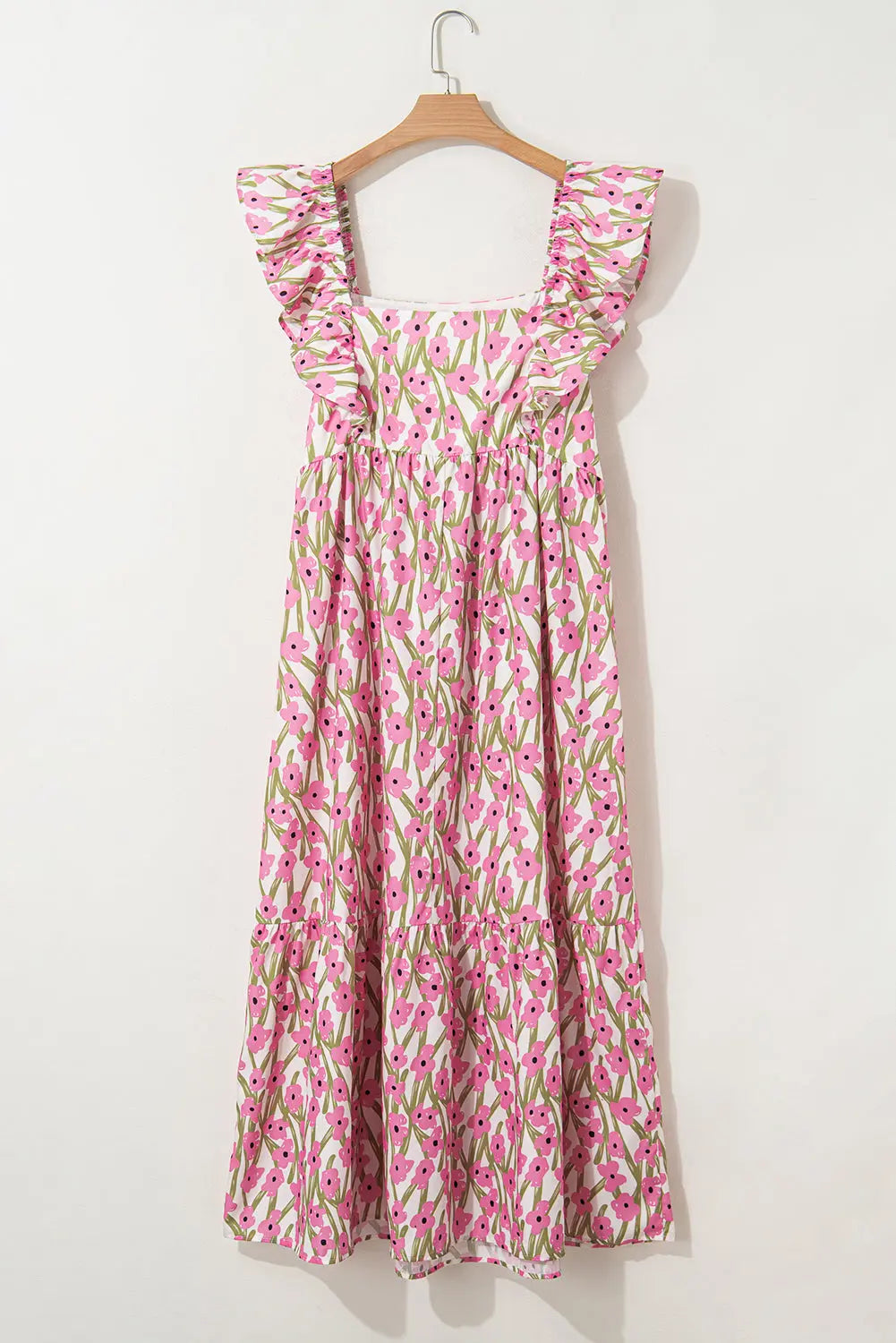 Pink Plus Size Ruffle Trim Square Neck High Waist Floral Maxi Dress Dear-Lover Dropshipping