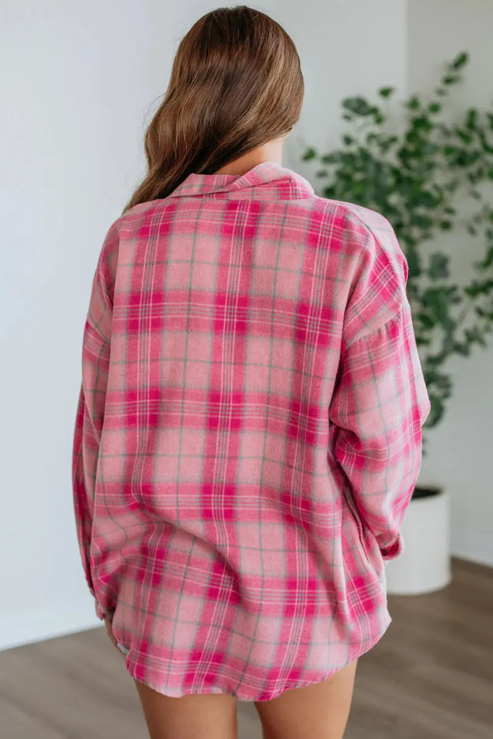 Sachet Pink Plaid Print Rounded Hem Long Sleeve Shirt with Pockets Dear-Lover Dropshipping
