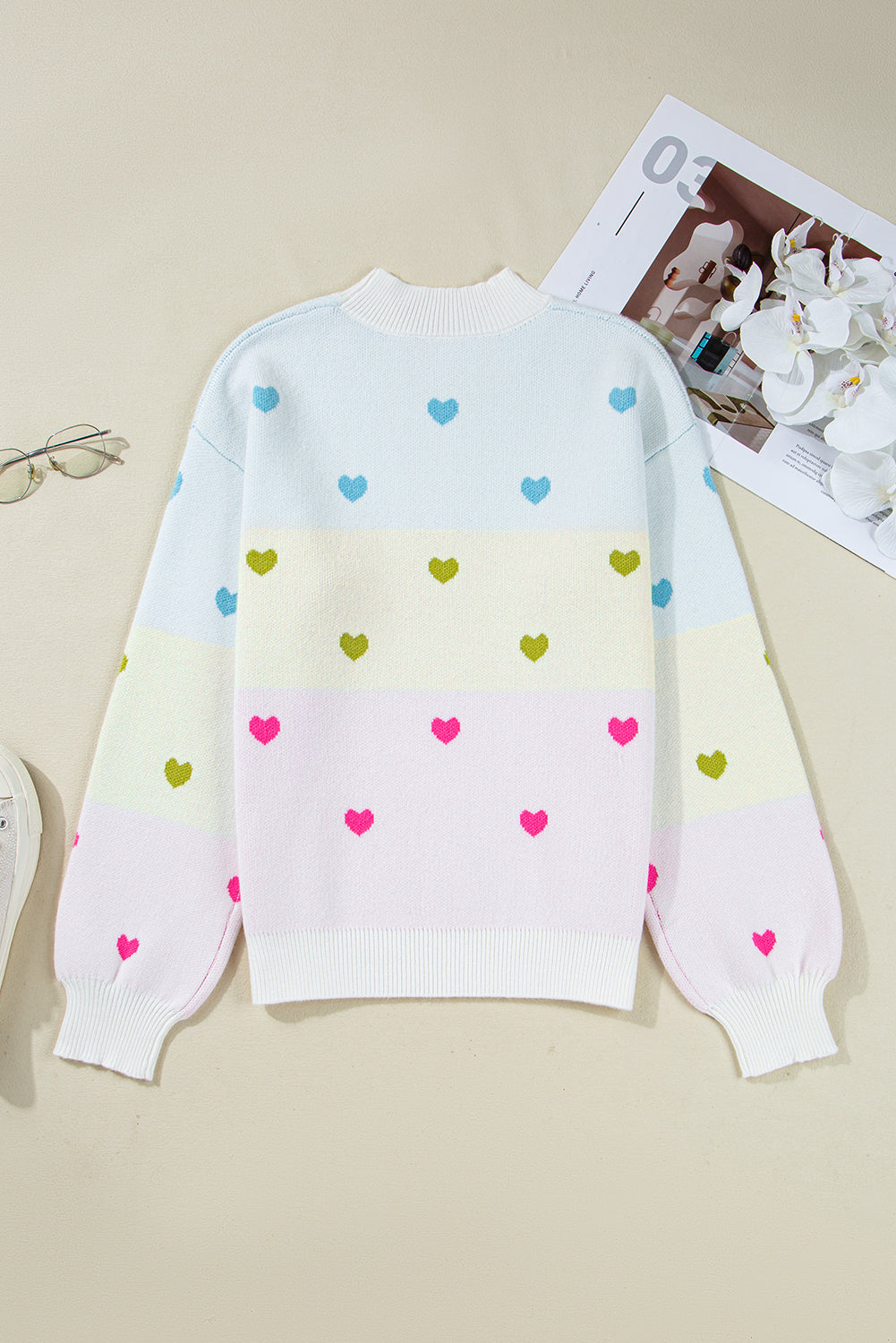 Multicolour Heart Pattern Colorblock Knit High Neck Baggy Sweater
