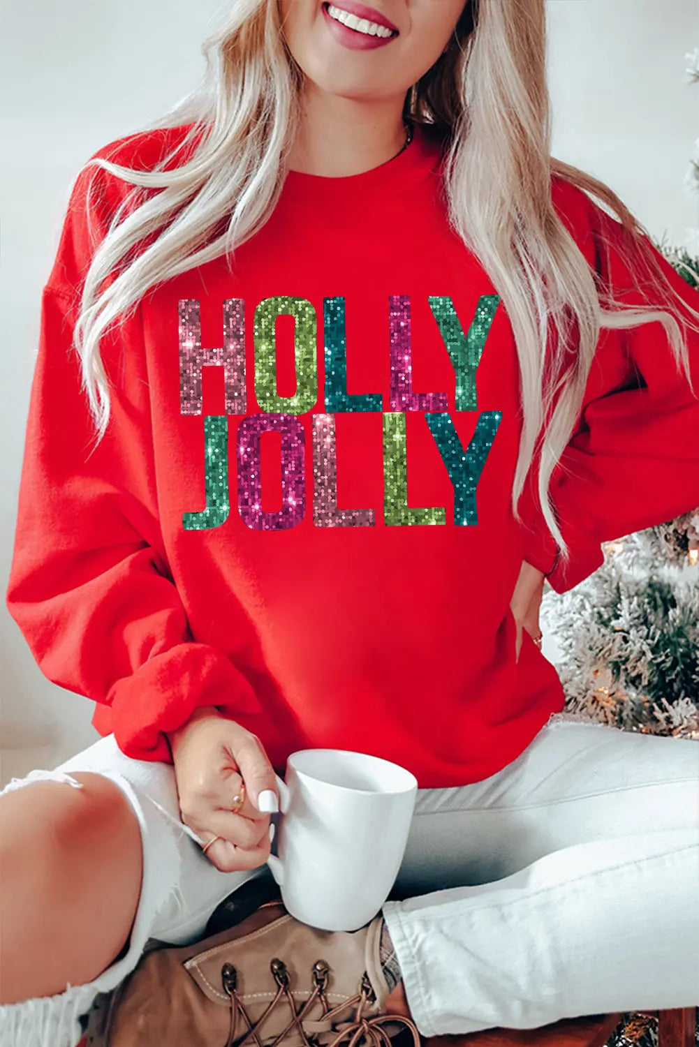 Red Heat Transfer HOLLY JOLLY Printing Christmas Pullover Sweatshirt Dear-Lover Dropshipping
