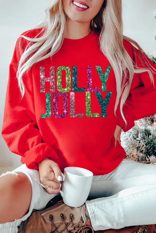 Red Heat Transfer HOLLY JOLLY Printing Christmas Pullover Sweatshirt Dear-Lover Dropshipping