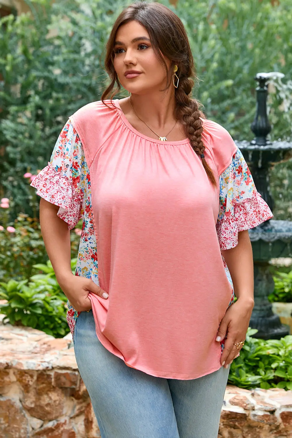 Pink Plus Size Floral Patchwork Ruffled Short Sleeve Blouse Dear-Lover Dropshipping