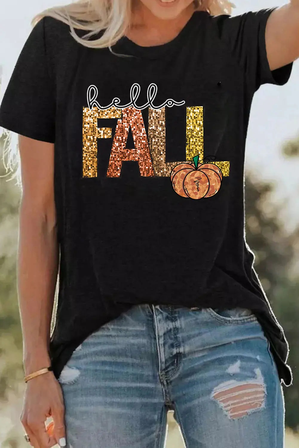 Black Hello Fall Letter Pumpkin Printed Thanksgiving T Shirt Dear-Lover Dropshipping