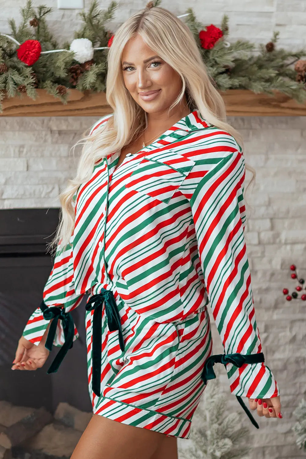Green Stripe Contrast Velvet Ribbon Knot Christmas 2pcs Pajama Set Dear-Lover Dropshipping