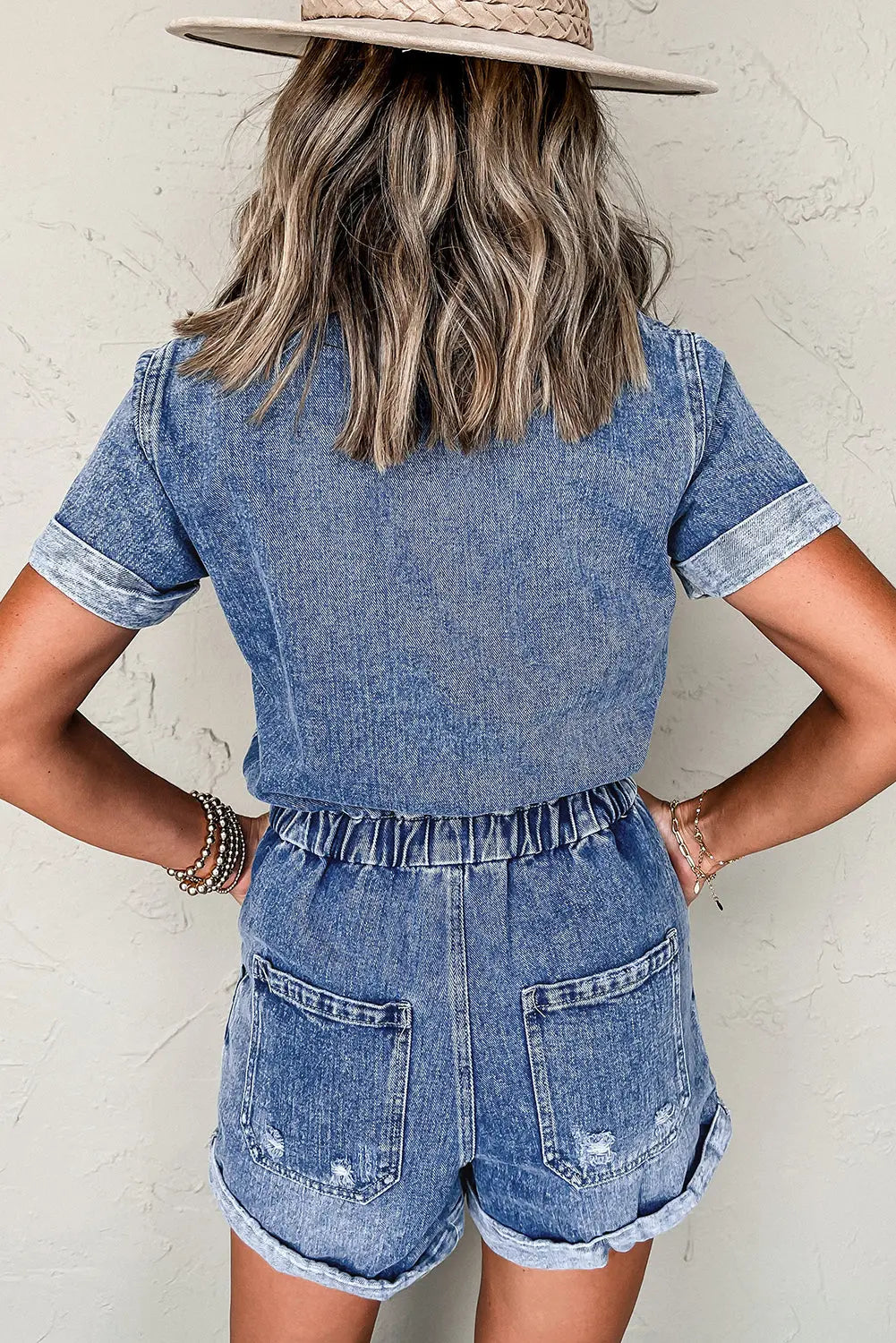 Dusk Blue Chest Pocket Front Buttoned Folded Edge Denim Short Sleeve Romper Dear-Lover Dropshipping