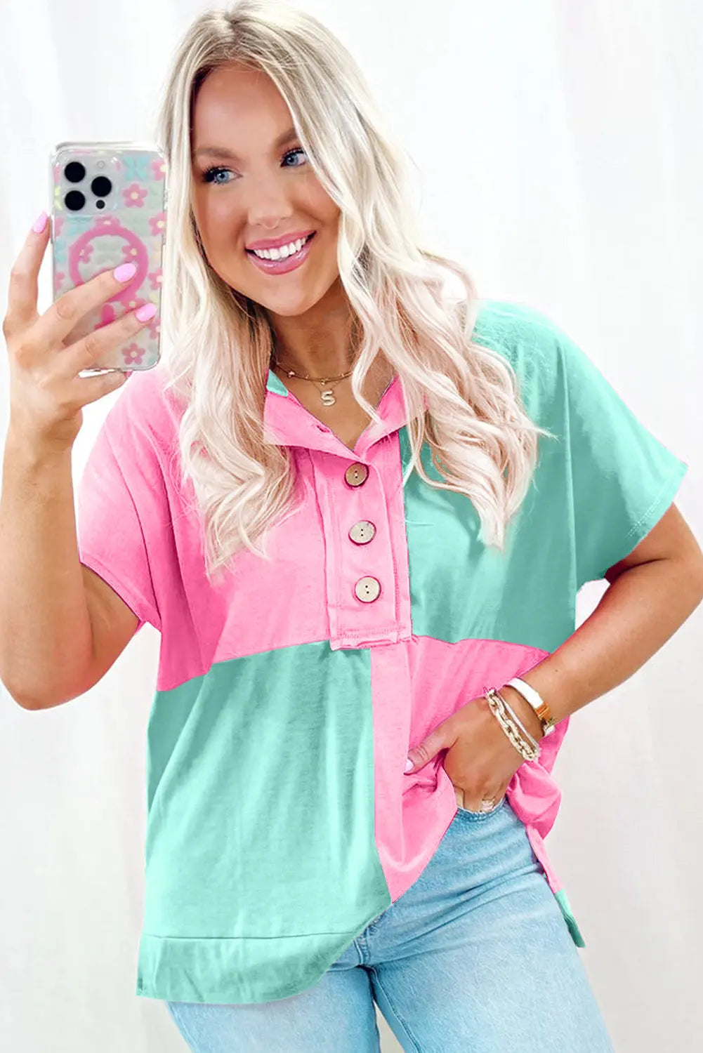 Mint Green Two Tone Half Buttons Collared T Shirt Dear-Lover Dropshipping