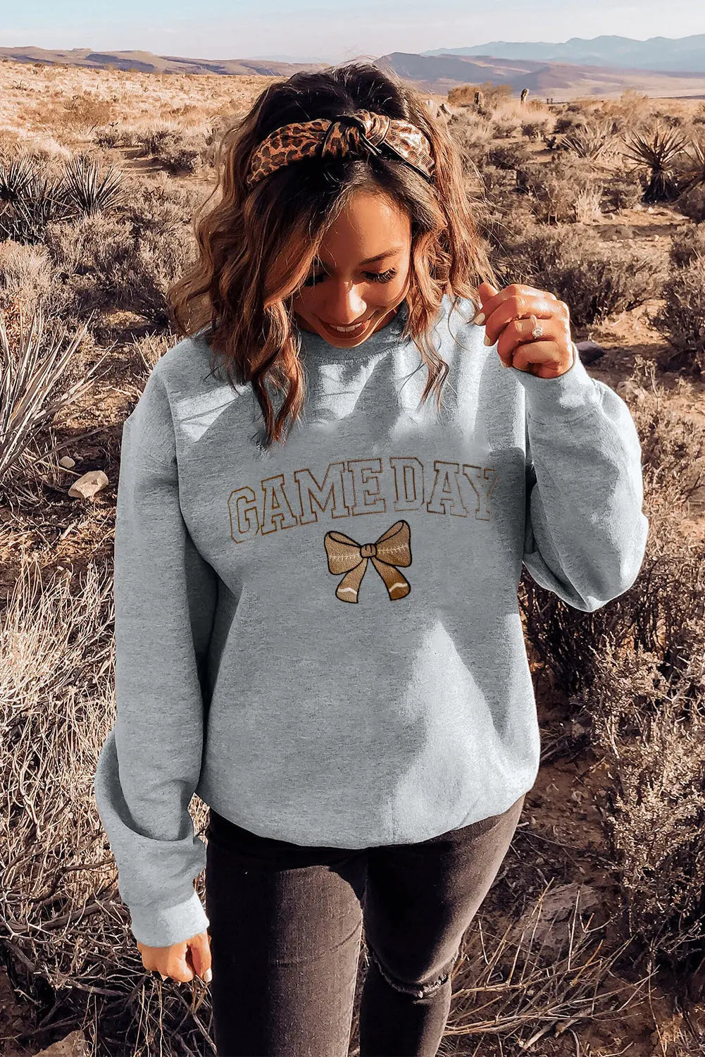Gray GAME DAY Rugby Bow Embroidered Casual Sweatshirt Dear-Lover Dropshipping