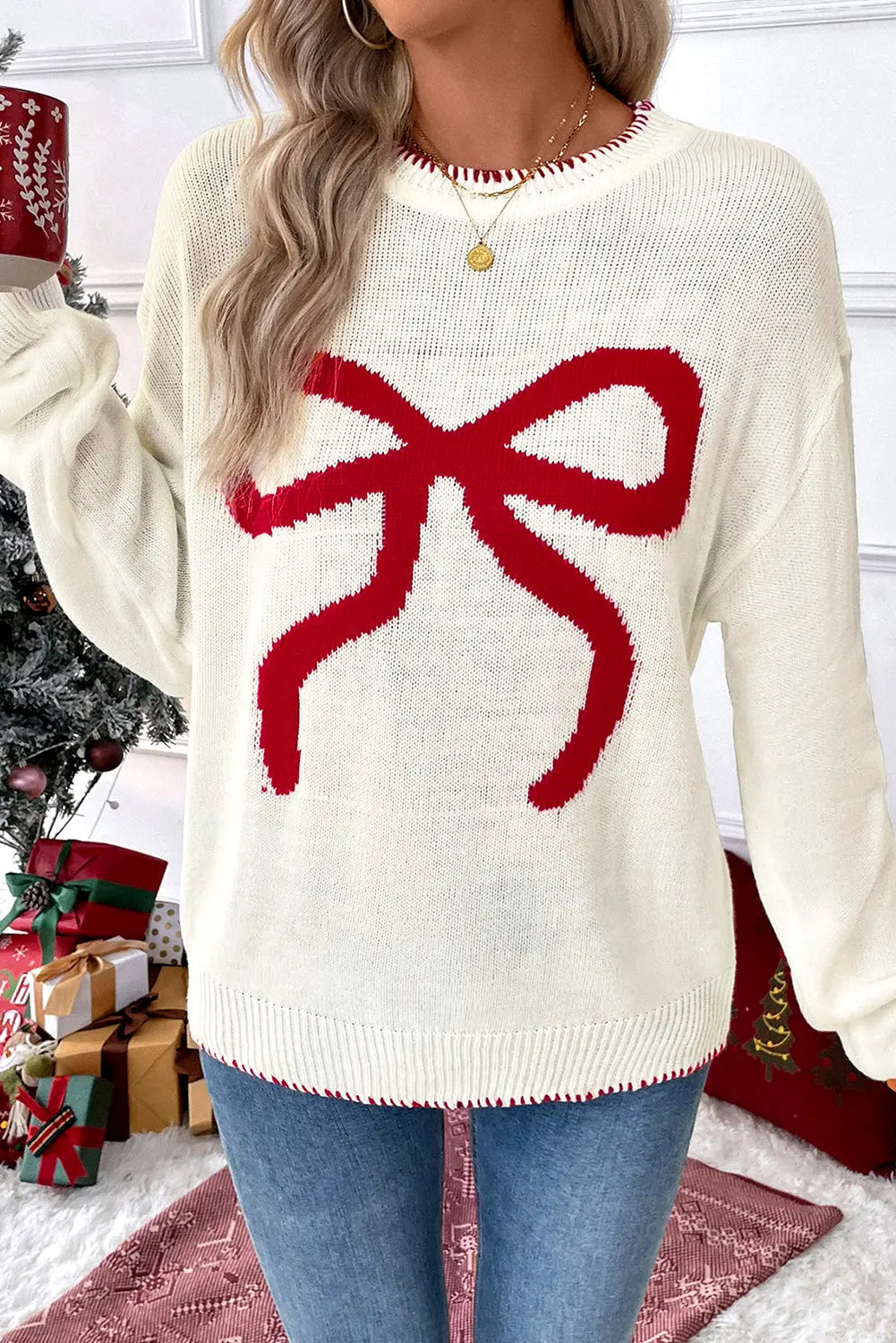 White Bow Pattern Contrast Trim Christmas Loose Graphic Sweater Dear-Lover Dropshipping