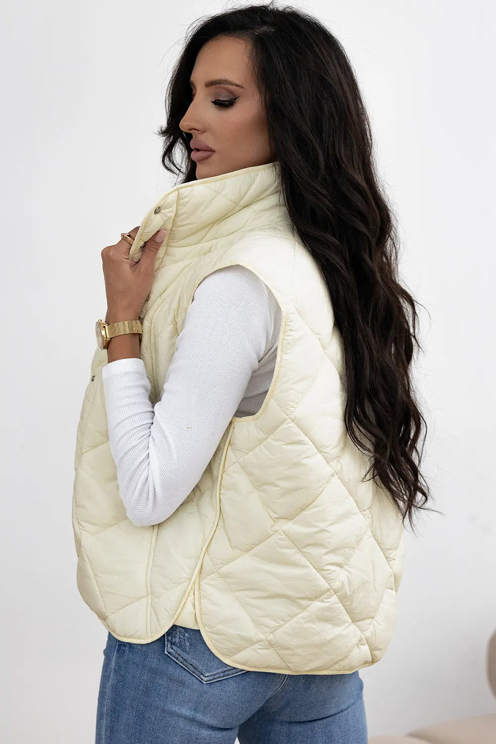 Beige Quilted High Neck Button Up Pocket Vest Coat Dear-Lover Dropshipping