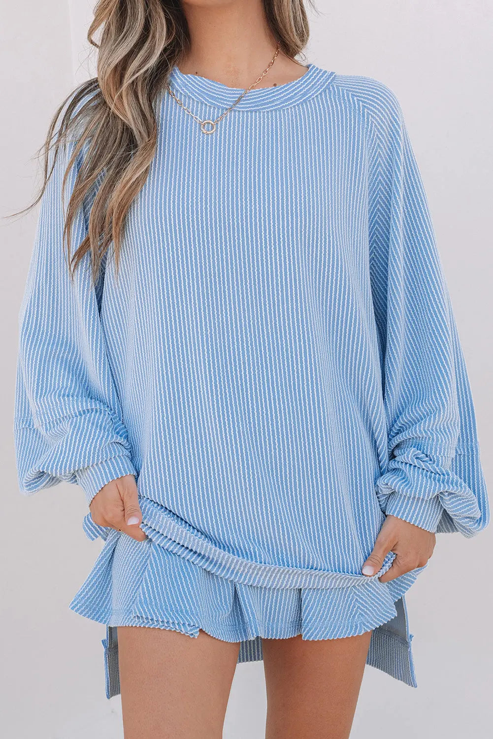 Sky Blue Corded Lantern Sleeve Top High Waist Ruffled Mini Skirt Set Dear-Lover Dropshipping